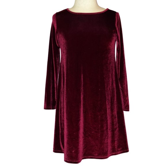 Burgundy Faux Velvet Long Sleeve Dress Womens Size S - Picture 1 of 13